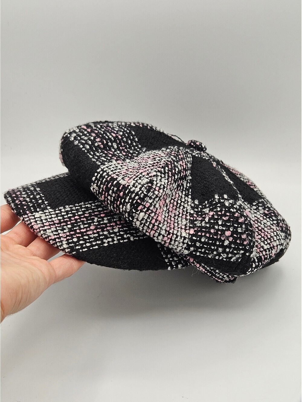 Preppy Pink Black Tweed Newsboy Baker Boy Hat Cap